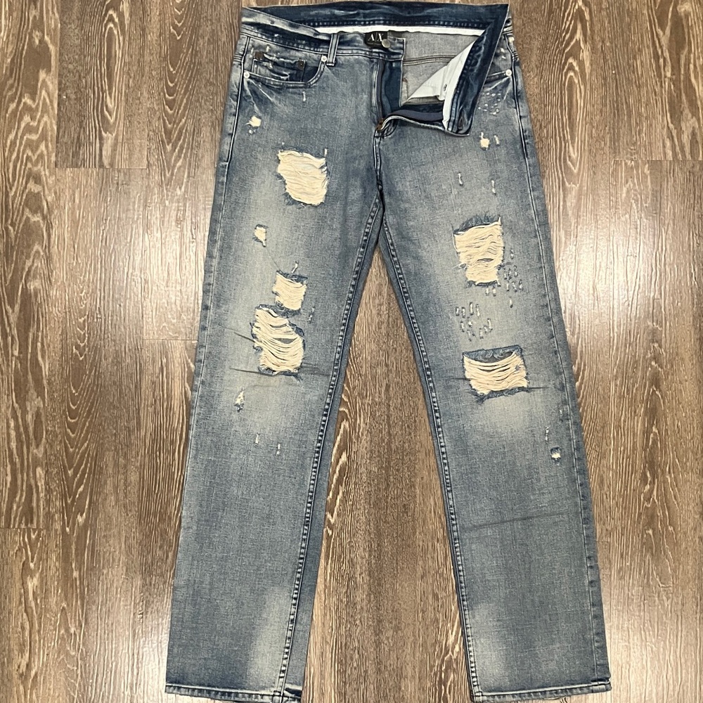 Armani Exchange Distressed, Straight Leg, Light Blue Jeans (J65)